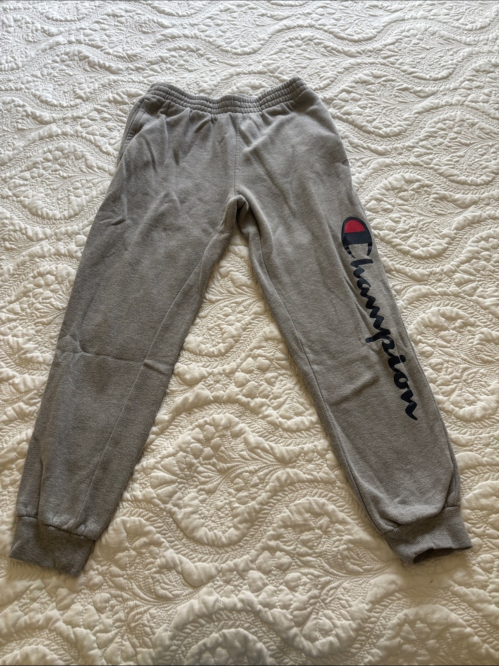 Champion Kids Gray Sweatpants with Script Logo and Red Accent
